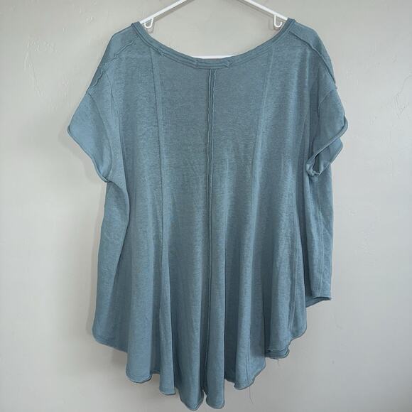 We The Free Sammie Pleated Top Woman’s Sz L Aqua Blue Oversized Raw Edge Pleated - Picture 3 of 9